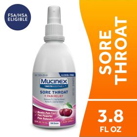 MucinexÂ® InstaSoothe Sore Throat + Pain Relief Sore Throat Spray. Powerful sore throat relief with soothing cherry flavor.