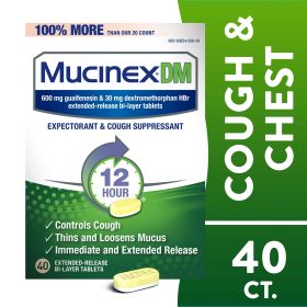 Mucinex DM 12 Hr Relief Tablets, 40ct, 600 mg Guaifenesin, 30 mg Dextromethorphan HBr